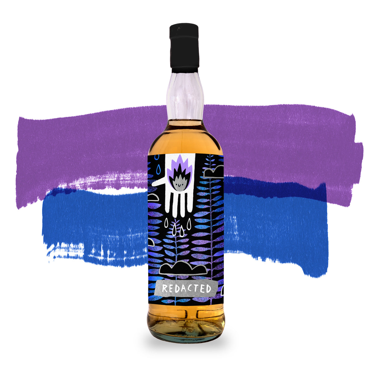 Bottle shoot of Redacted Whiskey Release 002 Blackwater Distillery artwork by Kathi Burke