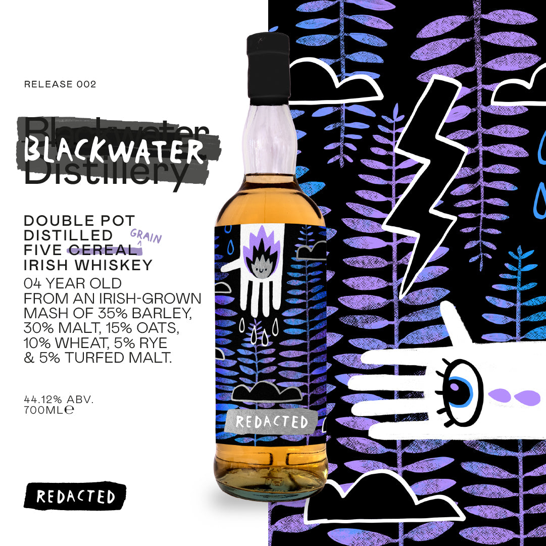 Grain make up of the 5 grain Redacted Whiskey Release 002 Blackwater Distillery artwork by Kathi Burke